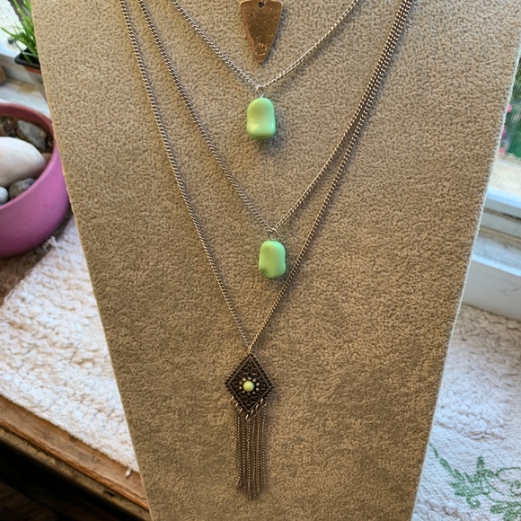 Silver Tone & Green Stone Layered Four Strand Necklace and Matching Earrings - Picture 4 of 11